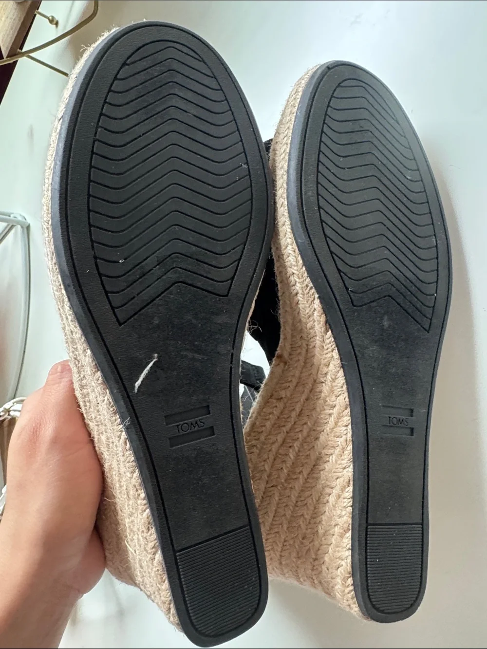 Toms Black Canvas Espadrille Wedge Sandals with Ankle Strap